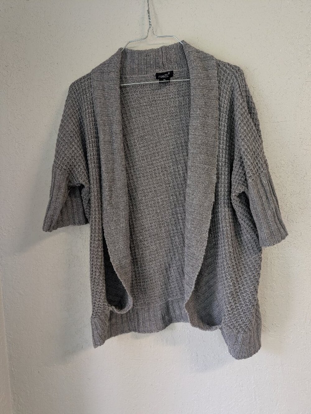 Short sleeve open front cardigan XL gray lagenlook cottagecore open weave  Boho